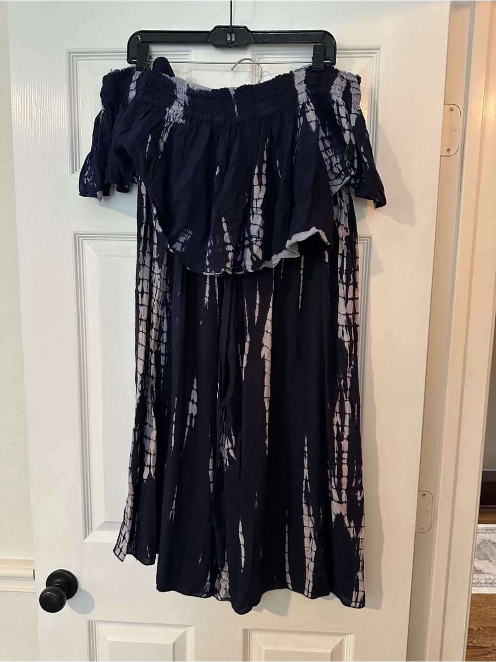 Off-Shoulder Tie-Dye crop top and wide leg pant set - Navy & White